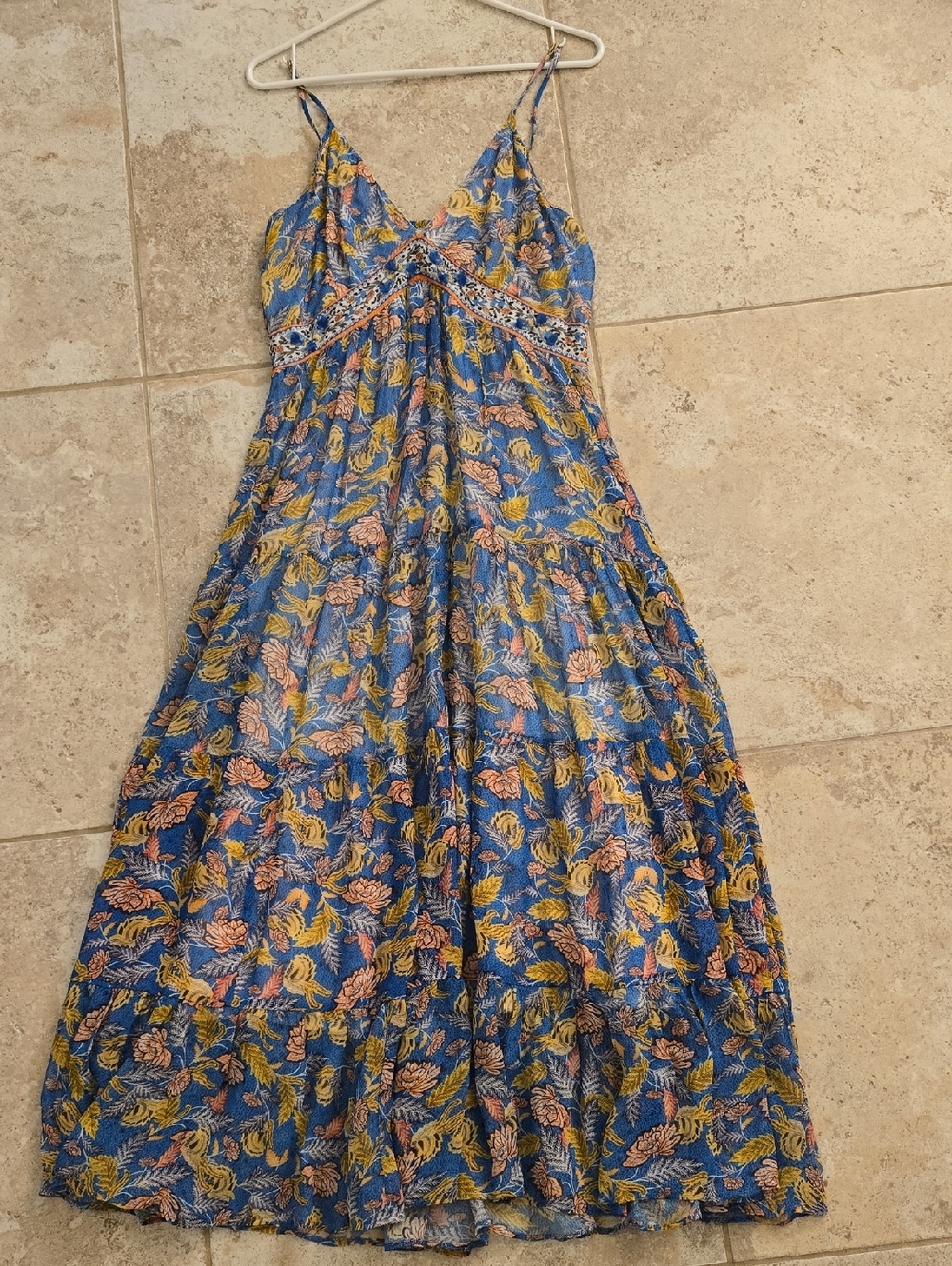 Anrthoplogie VERB BRAND Blue Floral Tiered Maxi Dress with Spaghetti Straps
